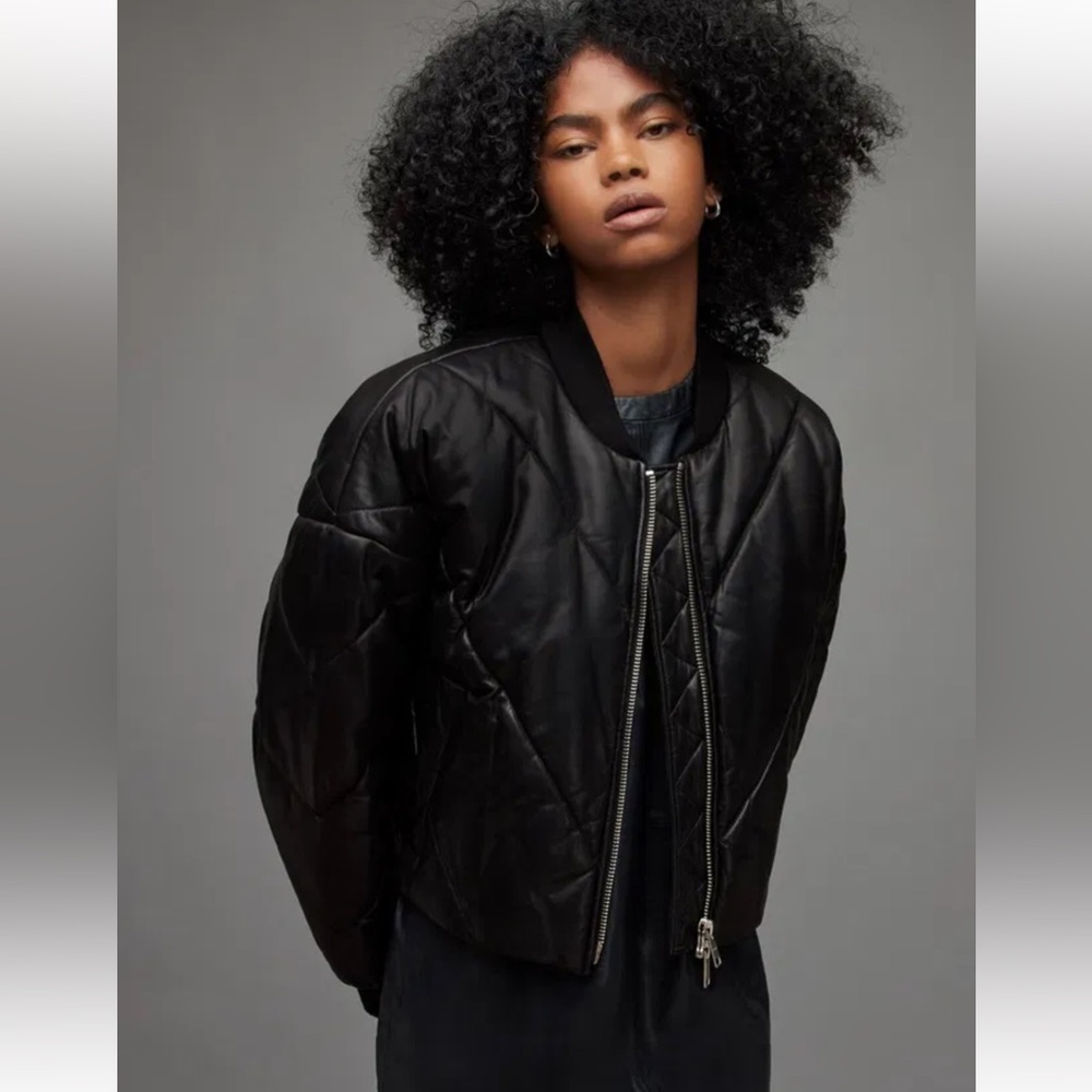 All Saints Lamb Leather Bailey Puffer Jacket - black / boxy oversized fit - Picture 6 of 13
